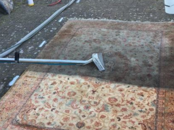 This is a photo of a floral rug that is being steam cleaned. The bottom half has been completed and the top half is being done works carried out by Penge Carpet Cleaning